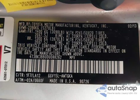 2013 Toyota Venza Limited V6 z USA, uszkodzony, nr VIN 4T3BK3BB0DU088262